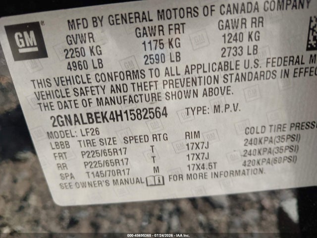 45695365 :رقم المزاد ، 2GNALBEK4H1582564 vin ، 2017 Chevrolet Equinox Ls مزاد بيع