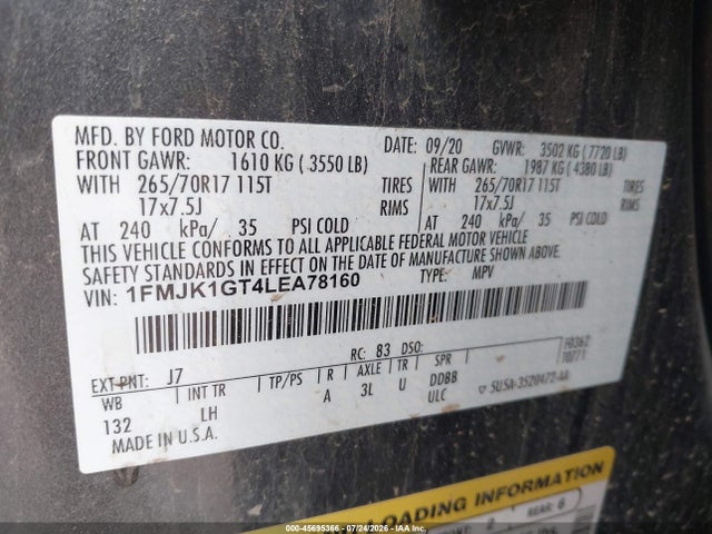 Продажа на аукционе авто 2020 Ford Expedition Xl Max, vin: 1FMJK1GT4LEA78160, номер лота: 45695366