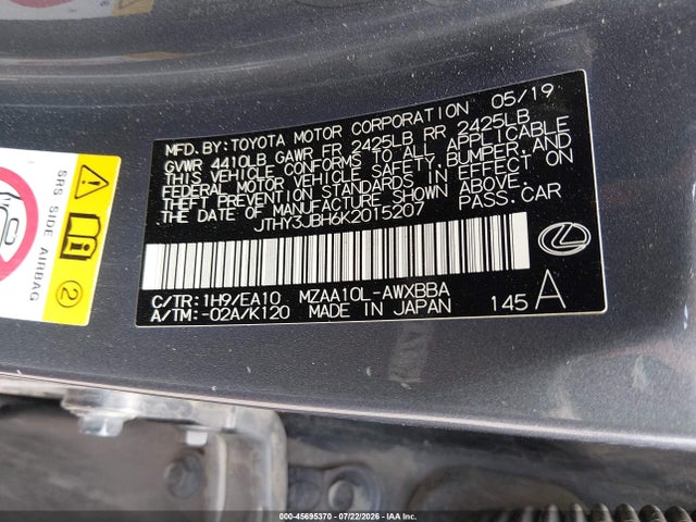 Auction sale of the 2019 Lexus Ux 200, vin: JTHY3JBH6K2015207, lot number: 45695370