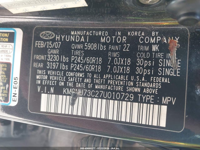 Продажа на аукционе авто 2007 Hyundai Veracruz, vin: KM8NU73C27U010729, номер лота: 45695377