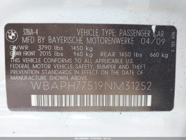 45695384 :رقم المزاد ، WBAPH77519NM31252 vin ، 2009 Bmw 328i مزاد بيع