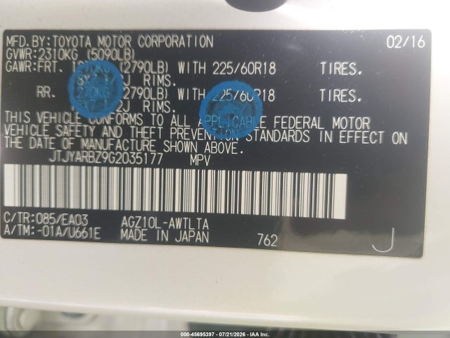 Aukcja sprzedaży 2016 Lexus Nx 200t, vin: JTJYARBZ9G2035177, numer aukcji: 45695397