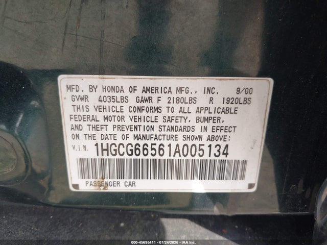 45695411 :رقم المزاد ، 1HGCG66561A005134 vin ، 2001 Honda Accord 2.3 Lx مزاد بيع