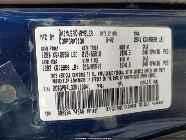 Продажа на аукционе авто 2003 Chrysler Town & Country Limited, vin: 2C8GP64L33R113841, номер лота: 45695413