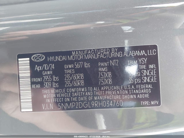 Aukcja sprzedaży 2024 Hyundai Santa Fe Sel, vin: 5NMP2DGL9RH034760, numer aukcji: 45695423