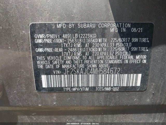 Продажа на аукционе авто 2021 Subaru Forester Premium, vin: JF2SKAJC4MH584672, номер лота: 45695430