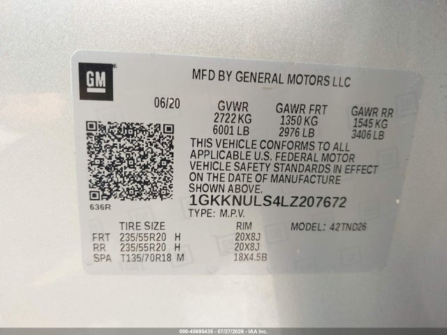 45695435 :رقم المزاد ، 1GKKNULS4LZ207672 vin ، 2020 Gmc Acadia Awd Slt مزاد بيع