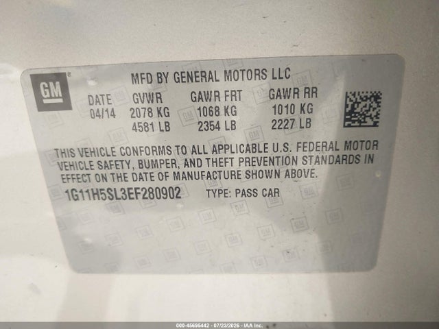 Auction sale of the 2014 Chevrolet Malibu 1lz, vin: 1G11H5SL3EF280902, lot number: 45695442