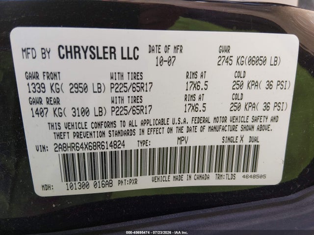 Aukcja sprzedaży 2008 Chrysler Town & Country Limited, vin: 2A8HR64X68R614824, numer aukcji: 45695474