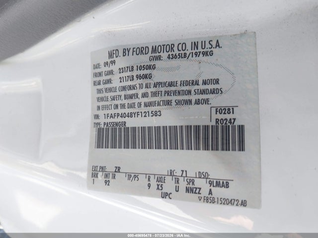 Aukcja sprzedaży 2000 Ford Mustang, vin: 1FAFP4048YF121583, numer aukcji: 45695478