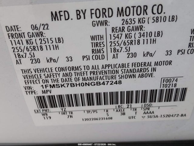 45695487 :رقم المزاد ، 1FMSK7BH0NGB47248 vin ، 2022 Ford Explorer مزاد بيع