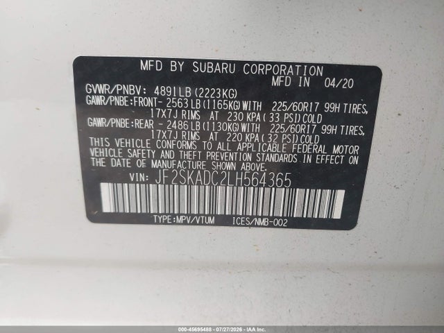 Продаж на аукціоні авто 2020 Subaru Forester, vin: JF2SKADC2LH564365, номер лоту: 45695488