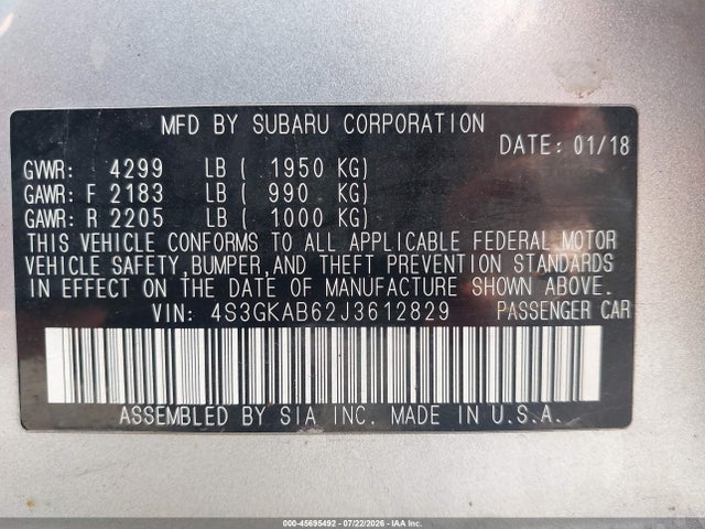 Aukcja sprzedaży 2018 Subaru Impreza 2.0i Premium, vin: 4S3GKAB62J3612829, numer aukcji: 45695492