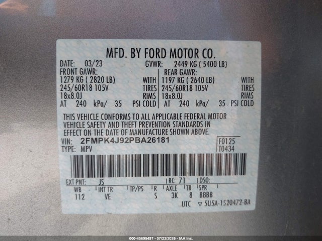 45695497 :رقم المزاد ، 2FMPK4J92PBA26181 vin ، 2023 Ford Edge Sel مزاد بيع