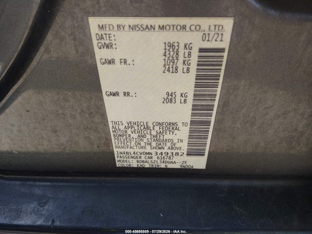 45695509 :رقم المزاد ، 1N4BL4CV0MN349382 vin ، 2021 Nissan Altima Sr Fwd مزاد بيع