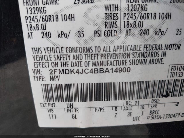 45695512 :رقم المزاد ، 2FMDK4JC4BBA14900 vin ، 2011 Ford Edge Sel مزاد بيع