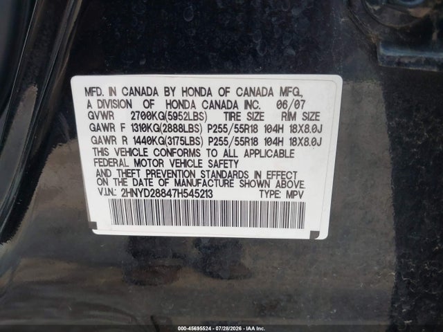 Aukcja sprzedaży 2007 Acura Mdx Sport Package, vin: 2HNYD28847H545213, numer aukcji: 45695524