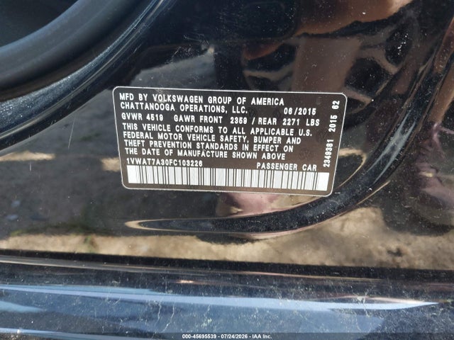 Продажа на аукционе авто 2015 Volkswagen Passat 1.8t S, vin: 1VWAT7A30FC103226, номер лота: 45695539