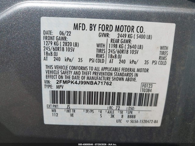 2022 Ford Edge Sel მანქანა იყიდება აუქციონზე, vin: 2FMPK4J99NBA71762, აუქციონის ნომერი: 45695546