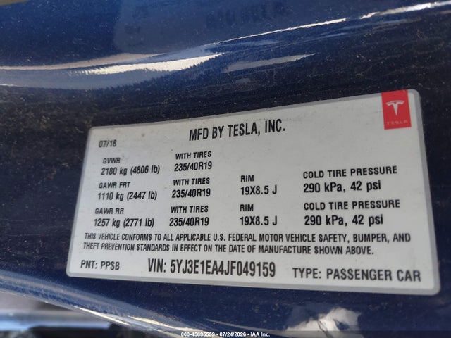 Tesla Model 3 Long Range/mid Range 2018 5YJ3E1EA4JF049159 Image 9
