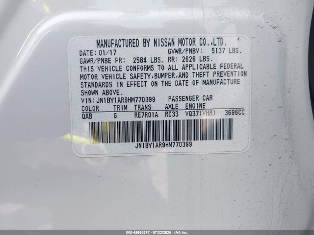 45695577 :رقم المزاد ، JN1BY1AR9HM770399 vin ، 2017 Infiniti Q70 3.7x مزاد بيع