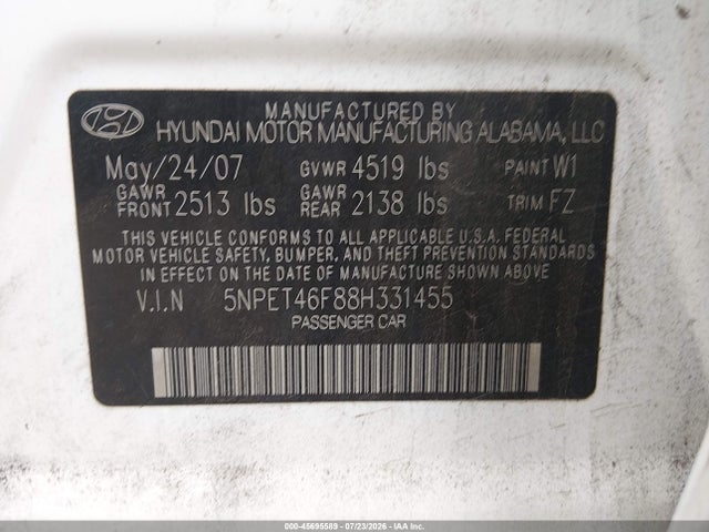 Продаж на аукціоні авто 2008 Hyundai Sonata Gls V6, vin: 5NPET46F88H331455, номер лоту: 45695589