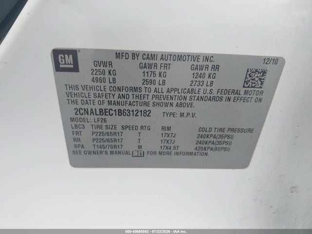 45695592 :رقم المزاد ، 2CNALBEC1B6312182 vin ، 2011 Chevrolet Equinox Ls مزاد بيع