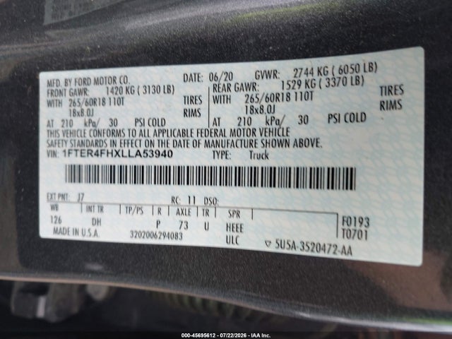 Ford Ranger Lariat 2020 1FTER4FHXLLA53940 Image 9