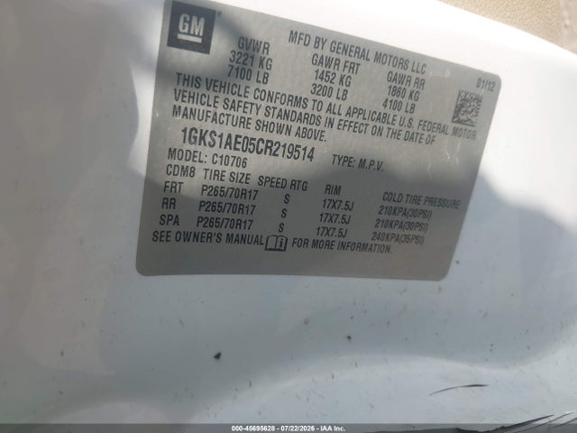 45695628 :رقم المزاد ، 1GKS1AE05CR219514 vin ، 2012 Gmc Yukon Sle مزاد بيع