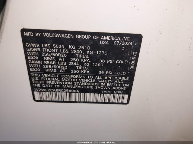 Продаж на аукціоні авто 2024 Volkswagen Atlas Cross Sport 2.0t Se W/technology, vin: 1V2WE2CA6RC256004, номер лоту: 45695632