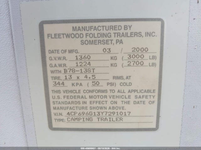 Продаж на аукціоні авто 2000 Coleman Pop Up, vin: 4CP696G13Y7291017, номер лоту: 45695651