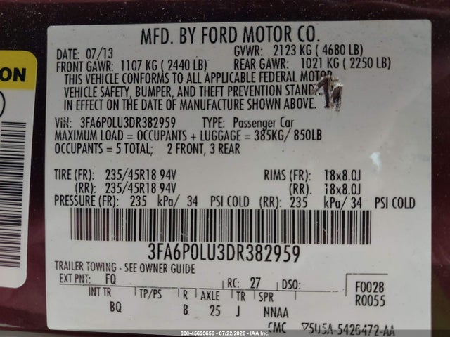 Aukcja sprzedaży 2013 Ford Fusion Hybrid Se, vin: 3FA6P0LU3DR382959, numer aukcji: 45695656