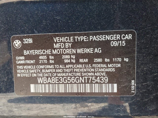 2016 Bmw 328i Xdrive მანქანა იყიდება აუქციონზე, vin: WBA8E3G56GNT75439, აუქციონის ნომერი: 45695662