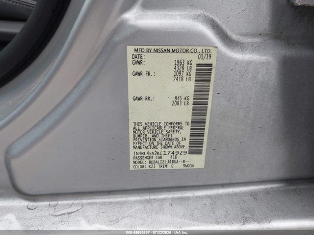 1N4BL4EV2KC174929 Nissan Altima 2.5 Sl
