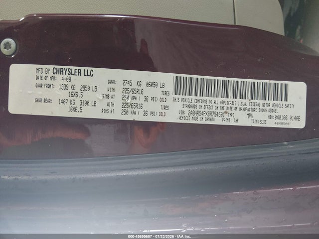 45695687 :رقم المزاد ، 2A8HR54PX8R754501 vin ، 2008 Chrysler Town & Country Touring مزاد بيع