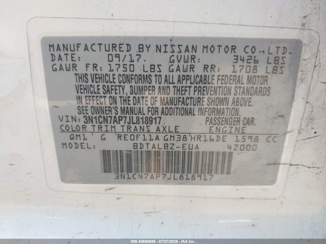 Aukcja sprzedaży 2018 Nissan Versa 1.6 Sv, vin: 3N1CN7AP7JL818917, numer aukcji: 45695699