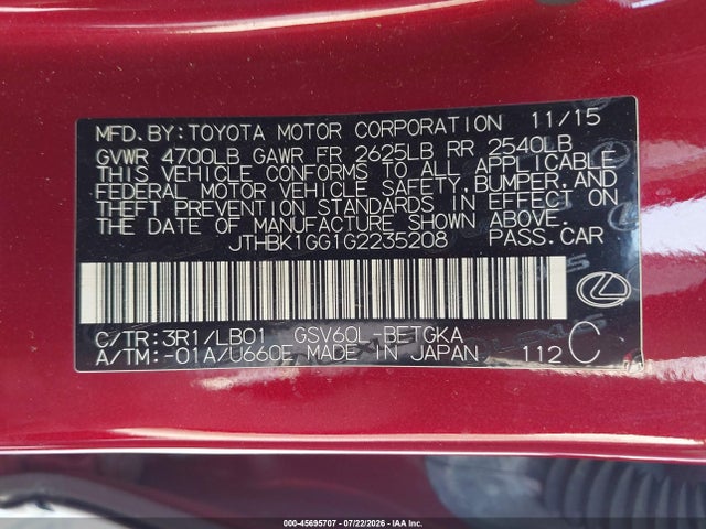 45695707 :رقم المزاد ، JTHBK1GG1G2235208 vin ، 2016 Lexus Es 350 مزاد بيع