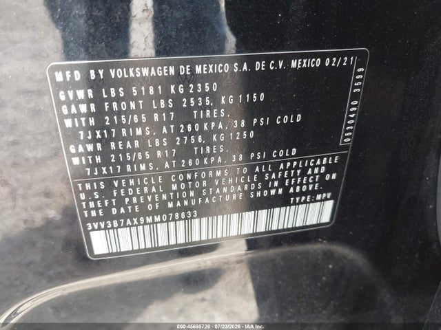 Продаж на аукціоні авто 2021 Volkswagen Tiguan 2.0t Se/2.0t Se R-line Black/2.0t Sel, vin: 3VV3B7AX9MM078633, номер лоту: 45695726