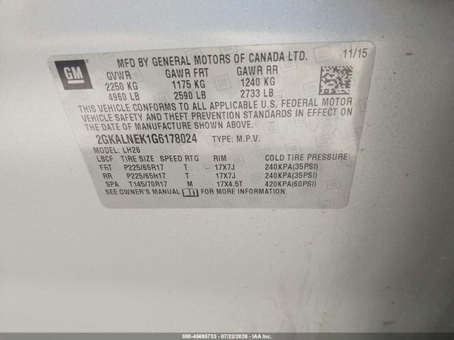 Продаж на аукціоні авто 2016 Gmc Terrain Sle-2, vin: 2GKALNEK1G6178024, номер лоту: 45695733