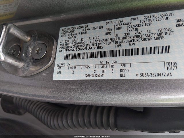 Продаж на аукціоні авто 2024 Ford Escape Active, vin: 1FMCU9GN2RUA31582, номер лоту: 45695734