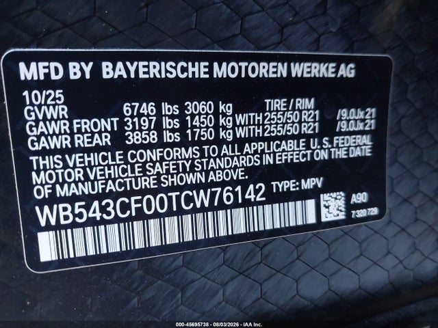 Aukcja sprzedaży 2026 Bmw Ix Xdrive45, vin: WB543CF00TCW76142, numer aukcji: 45695738