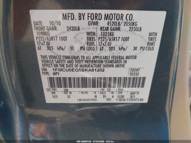 45695746 :رقم المزاد ، 1FMCU0EG5BKA81202 vin ، 2011 Ford Escape Limited مزاد بيع