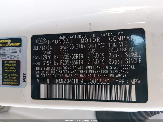 KM8SR4HF9EU081820 Hyundai Santa Fe Limited