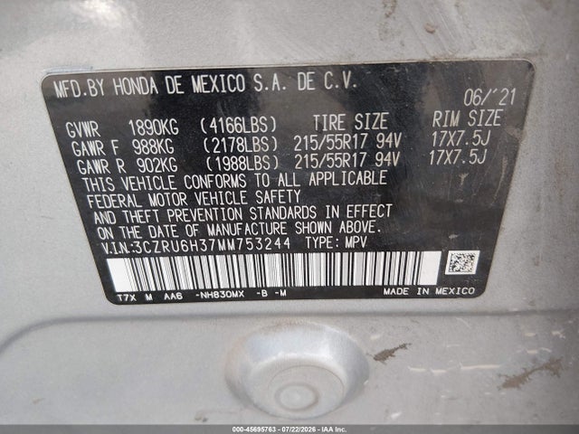 Продажа на аукционе авто 2021 Honda Hr-v Awd Lx, vin: 3CZRU6H37MM753244, номер лота: 45695763