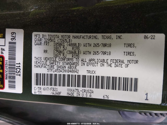 Aukcja sprzedaży 2022 Toyota Tundra Sr5, vin: 5TFLA5DA3NX040842, numer aukcji: 45695772