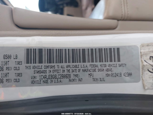 Продаж на аукціоні авто 2020 Jeep Grand Cherokee Limited 4x2, vin: 1C4RJEBG6LC280828, номер лоту: 45695773