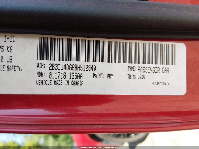 45695791 :رقم المزاد ، 2B3CJ4DG8BH512940 vin ، 2011 Dodge Challenger مزاد بيع