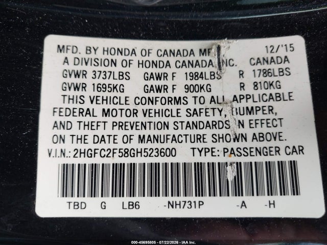 Aukcja sprzedaży 2016 Honda Civic Lx, vin: 2HGFC2F58GH523600, numer aukcji: 45695805