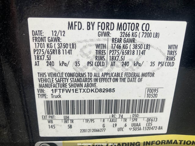 45695807 :رقم المزاد ، 1FTFW1ETXDKD82985 vin ، 2013 Ford F-150 Fx4 مزاد بيع
