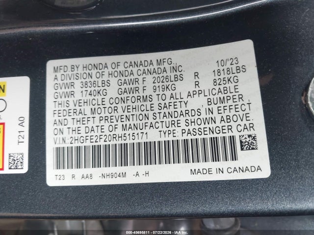 2024 Honda Civic Lx მანქანა იყიდება აუქციონზე, vin: 2HGFE2F20RH515171, აუქციონის ნომერი: 45695811